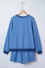 Blue Stripe Drop Shoulder Long Sleeve Pullover Elastic Waist Casual Short Set