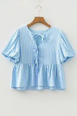 Sky Blue Stripe Bow Knot Textured Short Puff Sleeve Babydoll Blouse