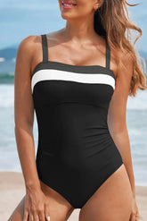 Black Color Block Detail Adjustable Straps One Piece Swimsuit