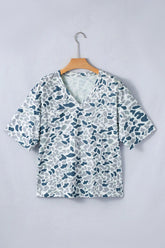 Gray Camouflage Print Single Chest Pocket V Neck Tee