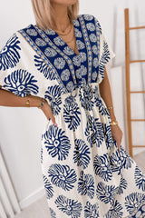 Blue Boho Floral Print Contrast Patchwork V Neck Dolman Maxi Dress