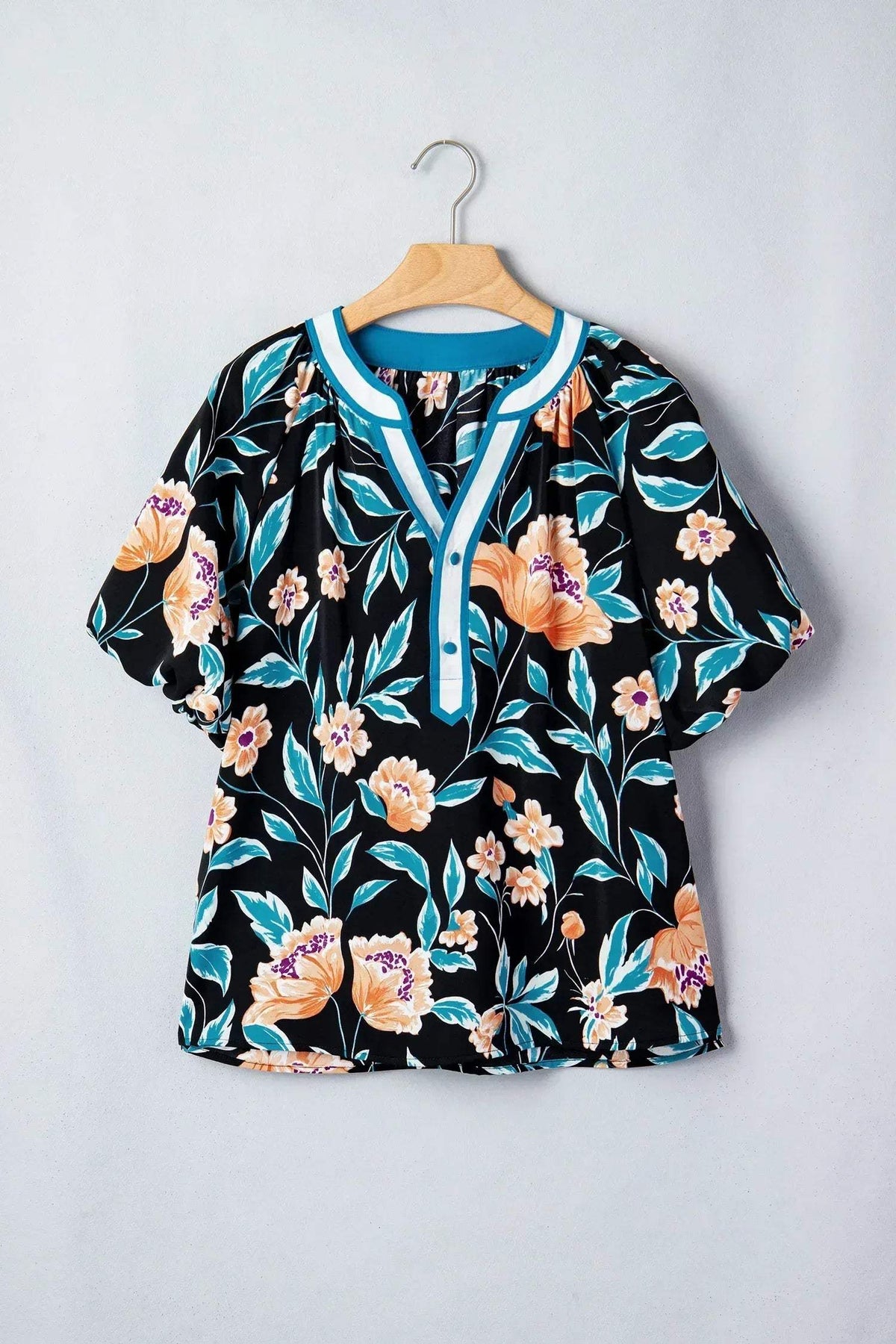 Black Floral Short Bubble Sleeve Buttoned Notched Neck Blouse