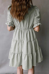 Green Stripe Tasseled Tie Neck Ruffled Short Sleeve Tiered Flattering Dress