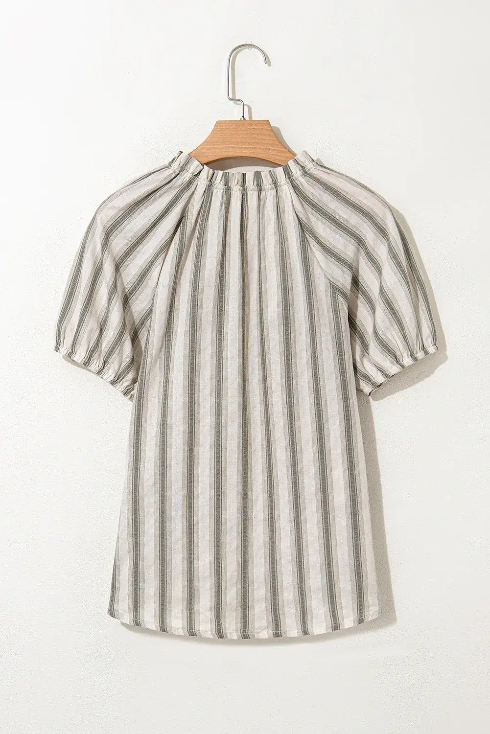 Gray Stripe Frilled Tie Neck Short Sleeve Blouse