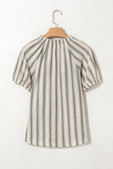 Gray Stripe Frilled Tie Neck Short Sleeve Blouse