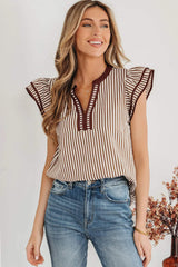 Khaki Stripe Double Ruffled Short Sleeve V Neck Blouse