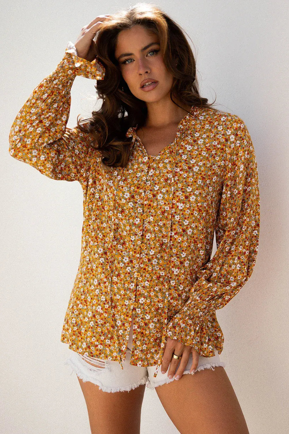 Orange Boho Floral Ruffled Bubble Sleeve V Neck Fall Blouse