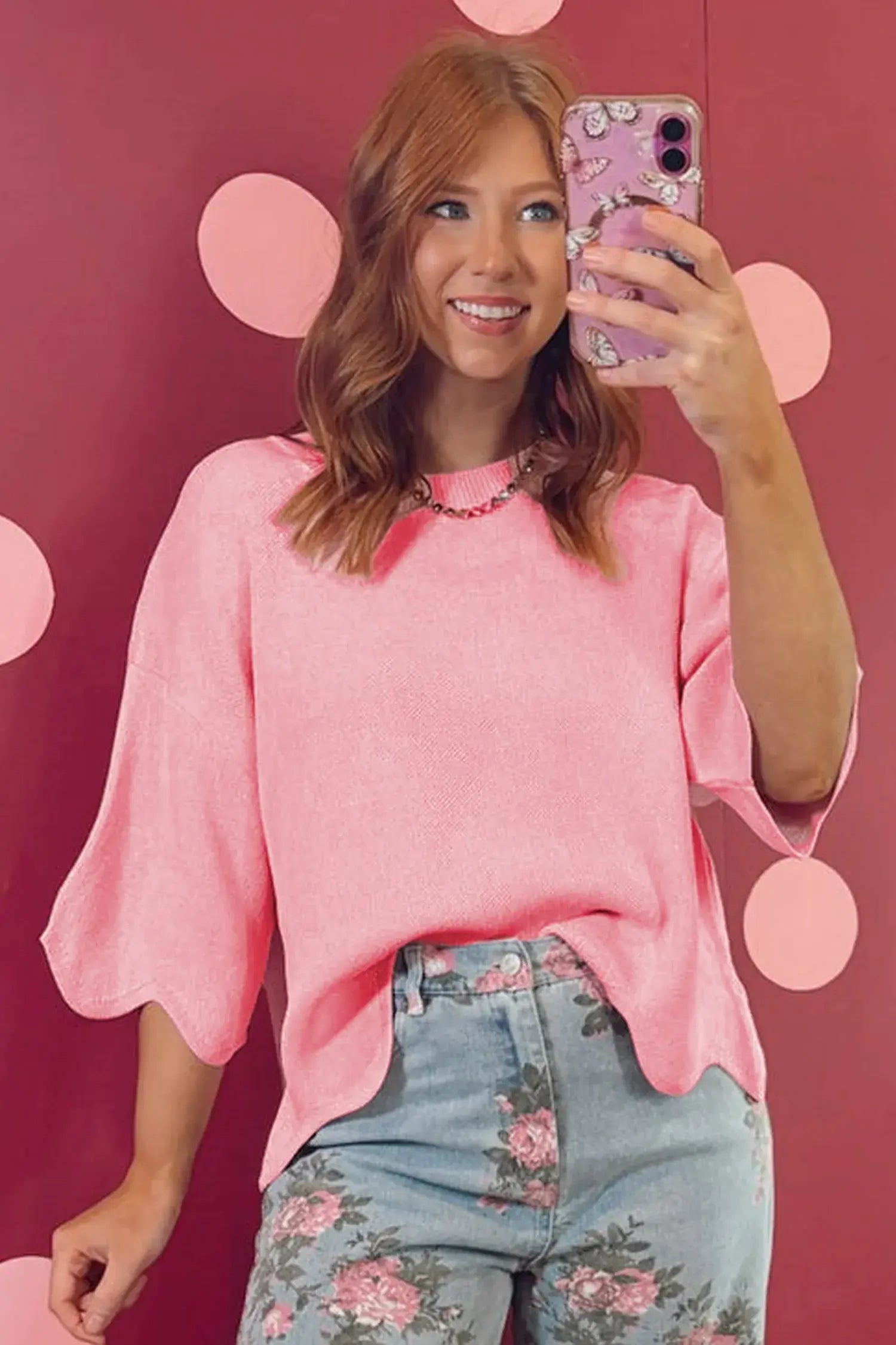 Myosotis Scalloped Hem 3/4 Sleeve Sweater Top
