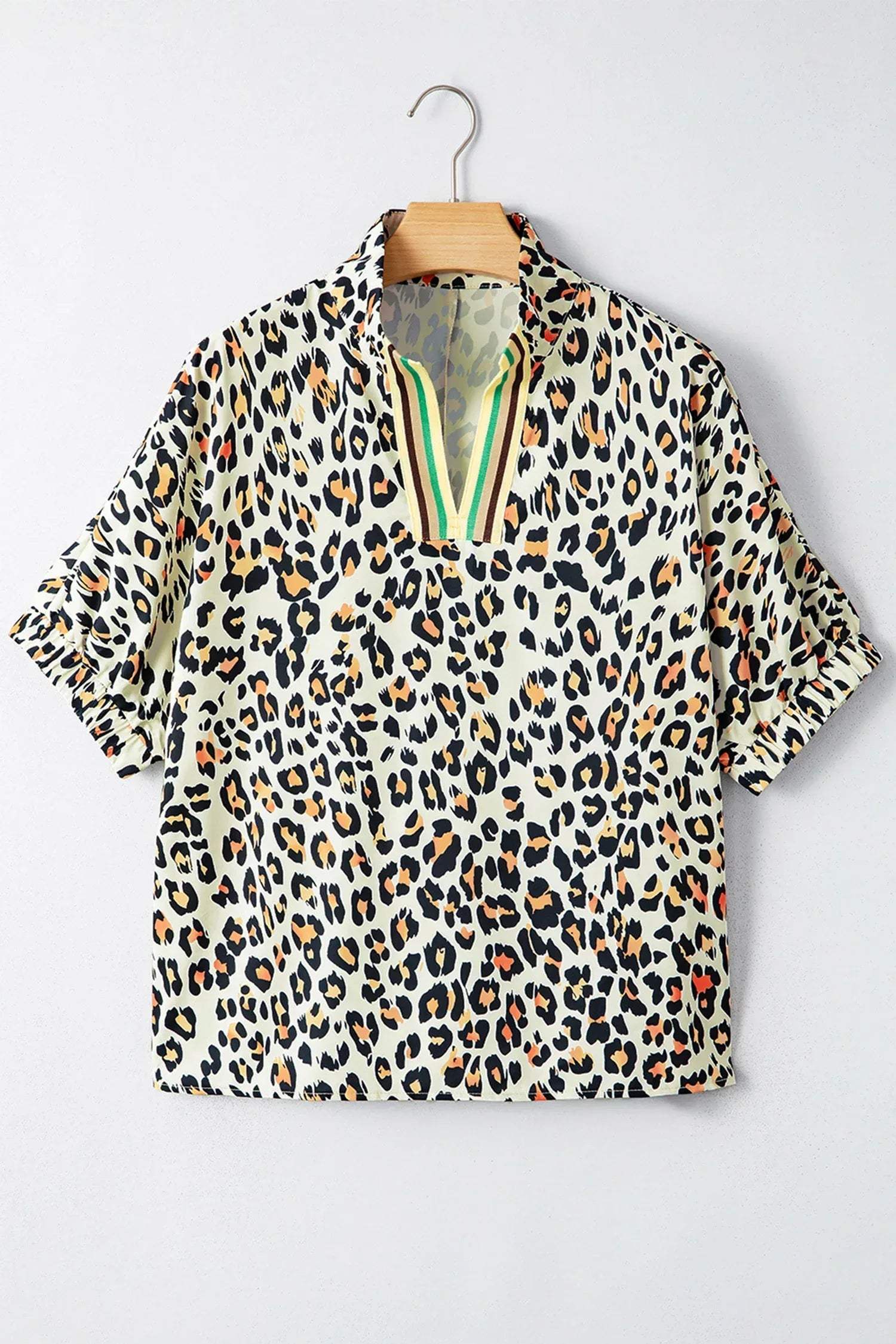 Sky Blue Leopard Color Block Contrast Striped V Neck Half Sleeve Loose Fit Blouse