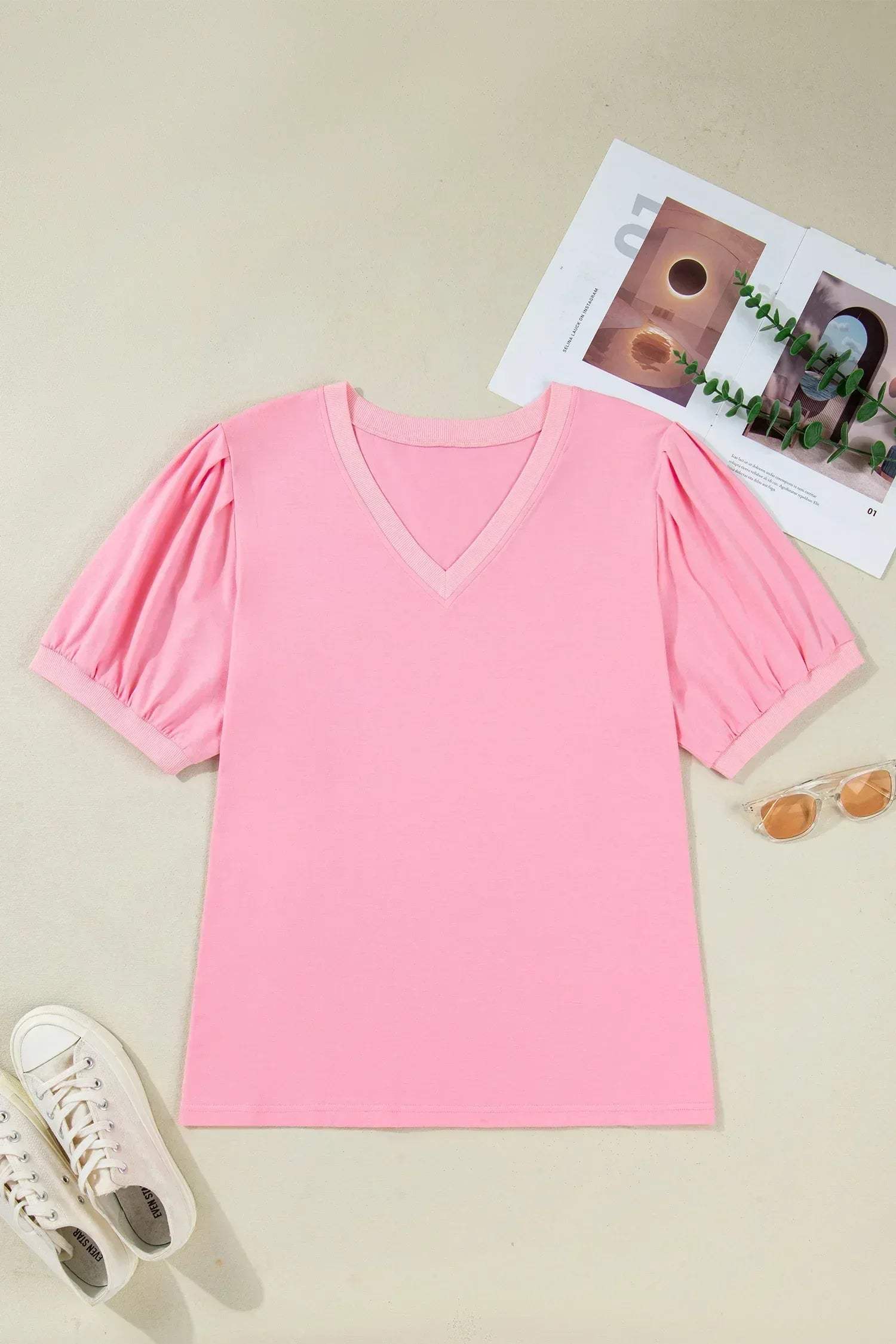 Bonbon V Neck Pleated Short Puff Sleeve Plus Size Blouse