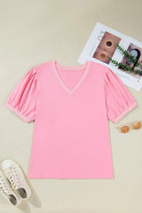 Bonbon V Neck Pleated Short Puff Sleeve Plus Size Blouse