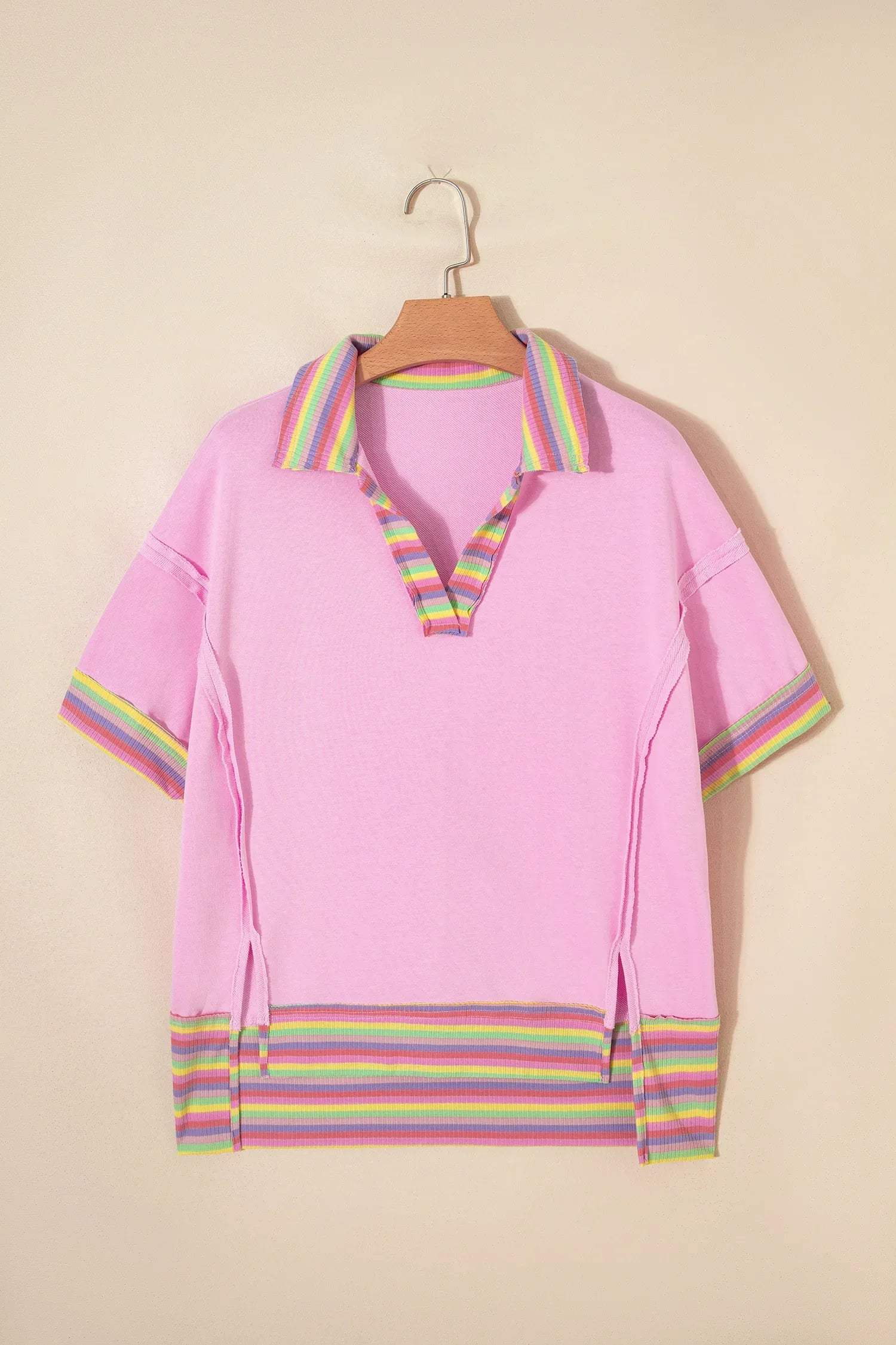 Pink Rainbow Stripe Ribbed Patchwork Raw Seam Oversize Polo Tee