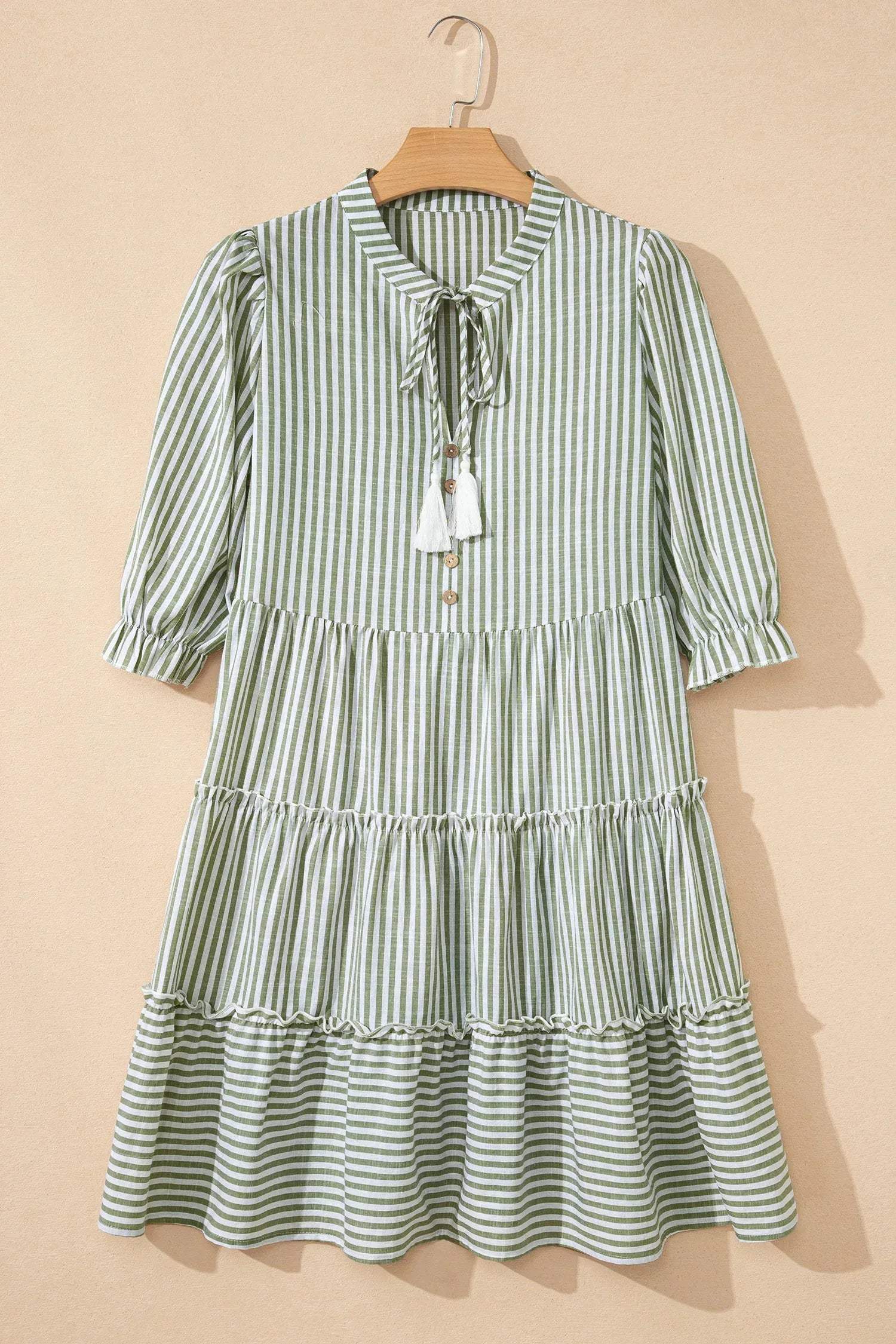 Green Stripe Tasseled Tie Neck Ruffled Short Sleeve Tiered Flattering Dress