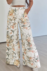 Beige Vintage Style Floral Print High Waist Wide Leg Jeans