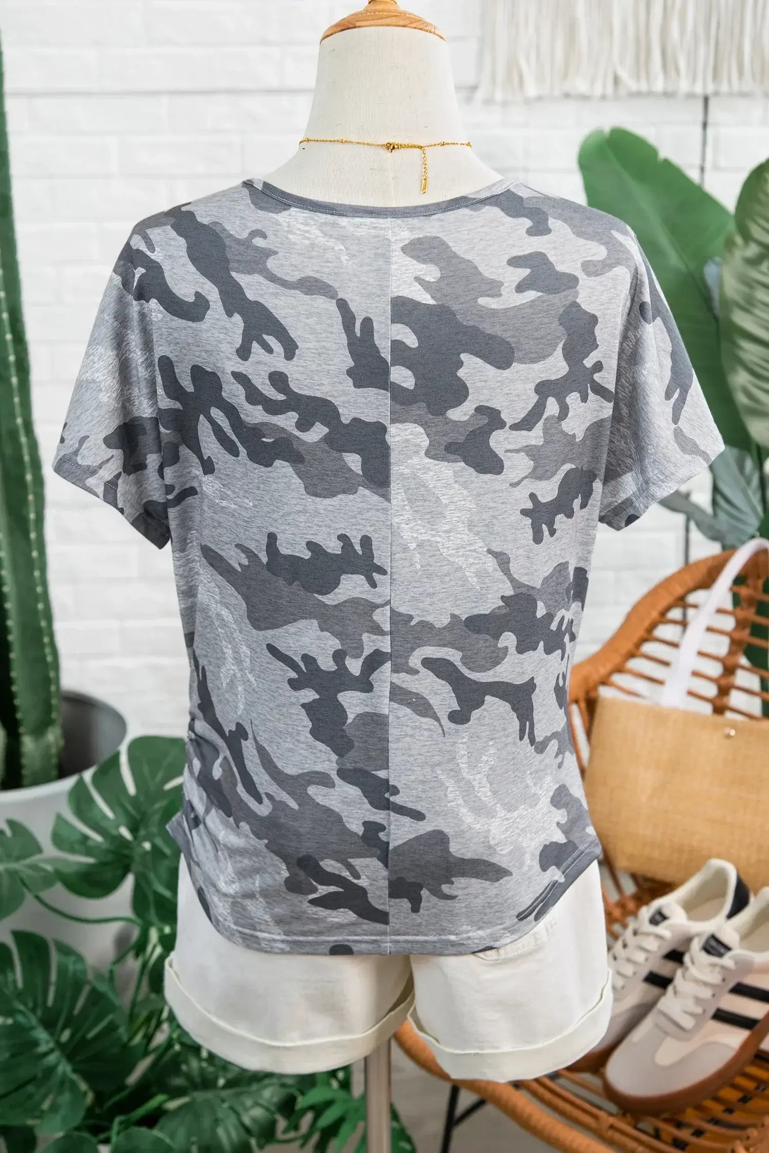 Gray Camouflage Print Round Neck T Shirt