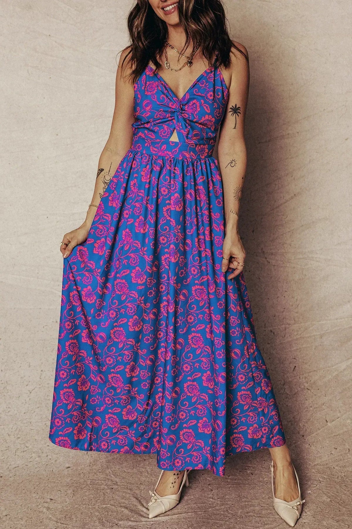 Blue Floral Print Twisted V Neck Tied Backless Maxi Dress