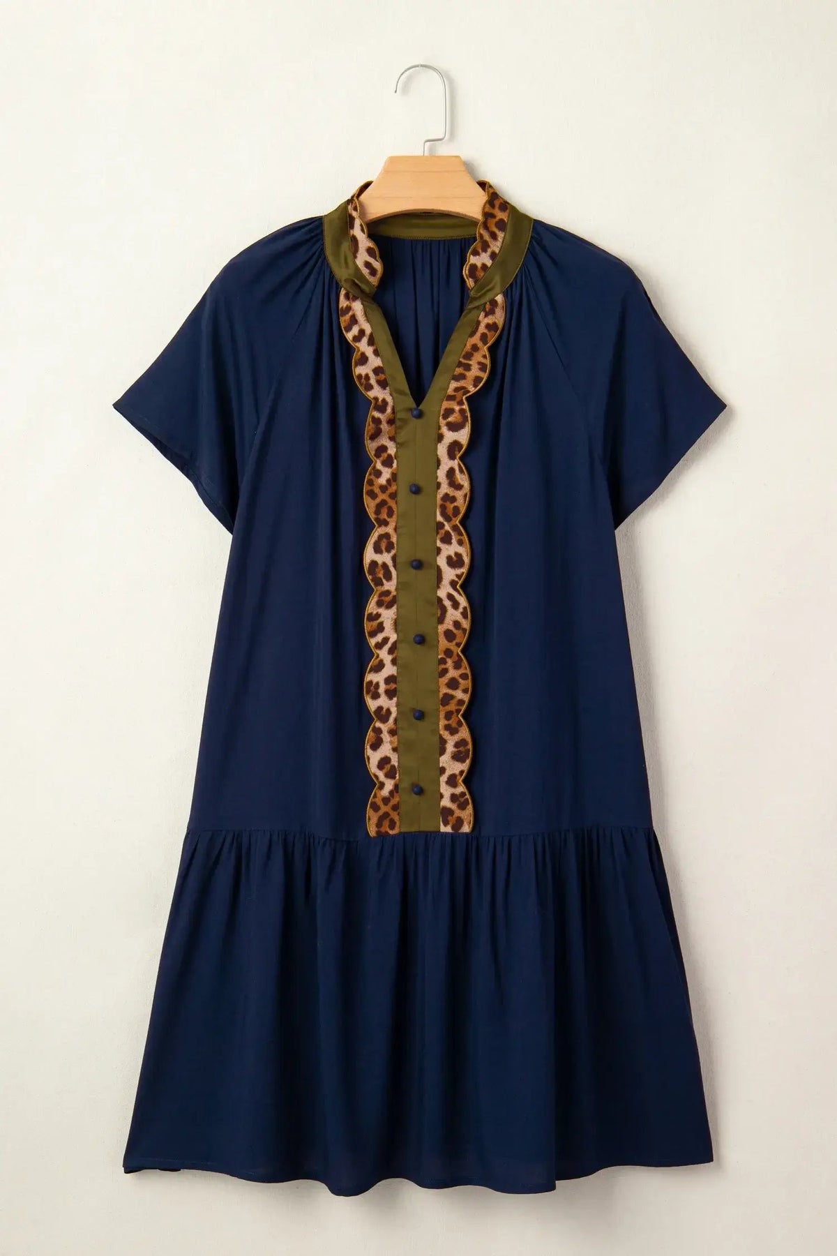 Navy Blue Button Detail Leopard Metallic Trim Short Sleeve Tunic Dress
