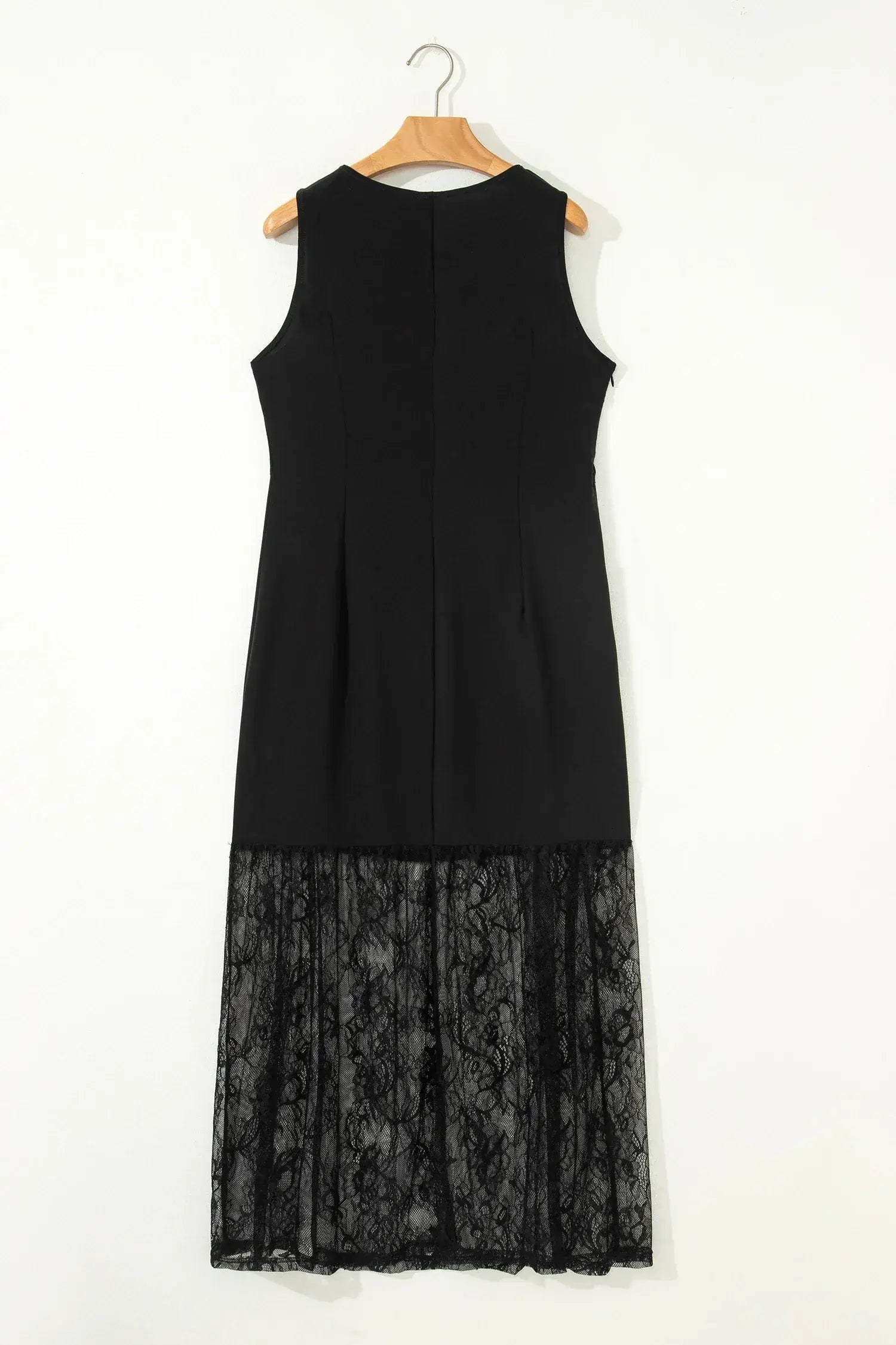 Black Solid Color Sleeveless Sheer Floral Lace Patchwork Long Dress