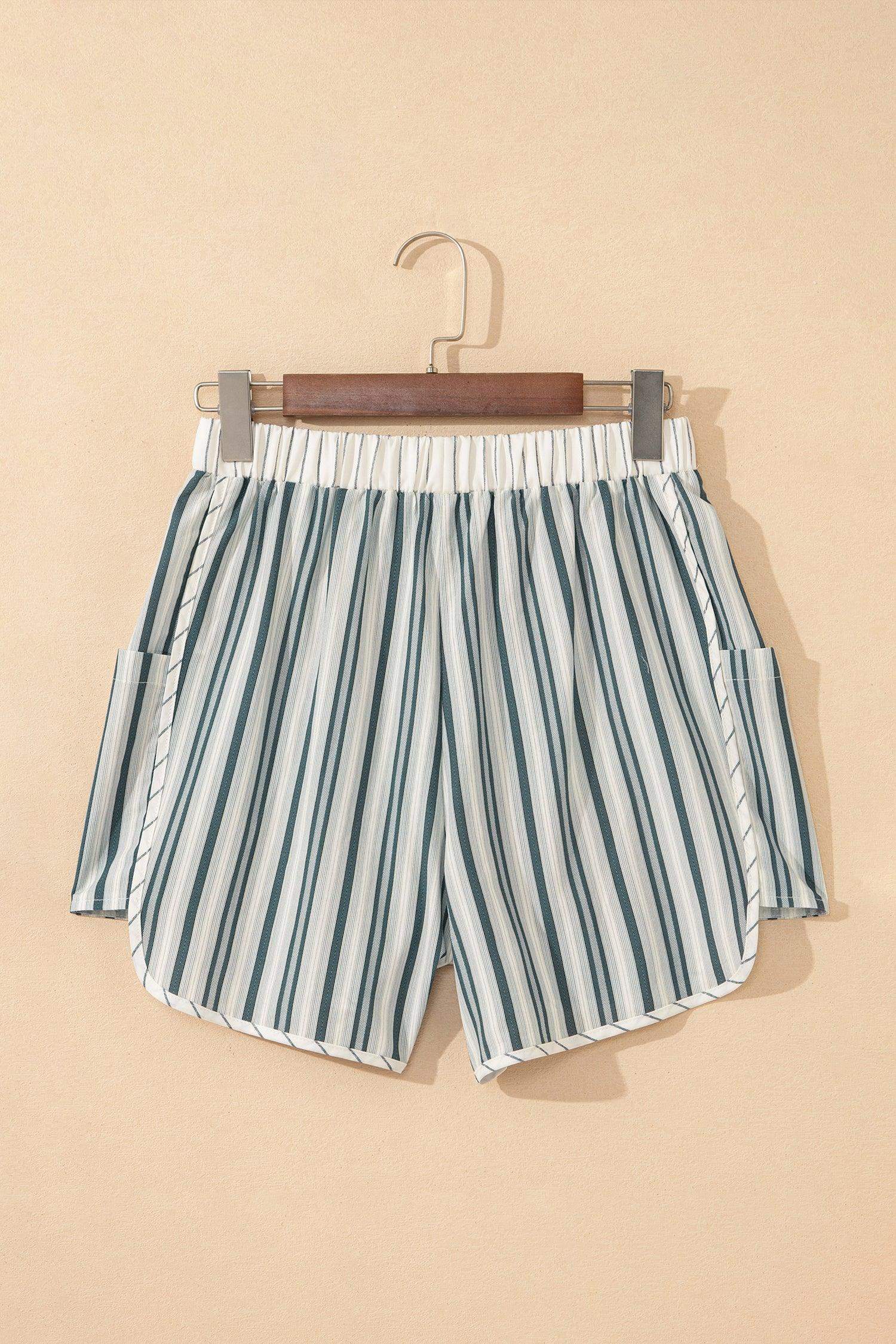 Gray Stripe Elastic Waist Cargo Pocket Casual Shorts