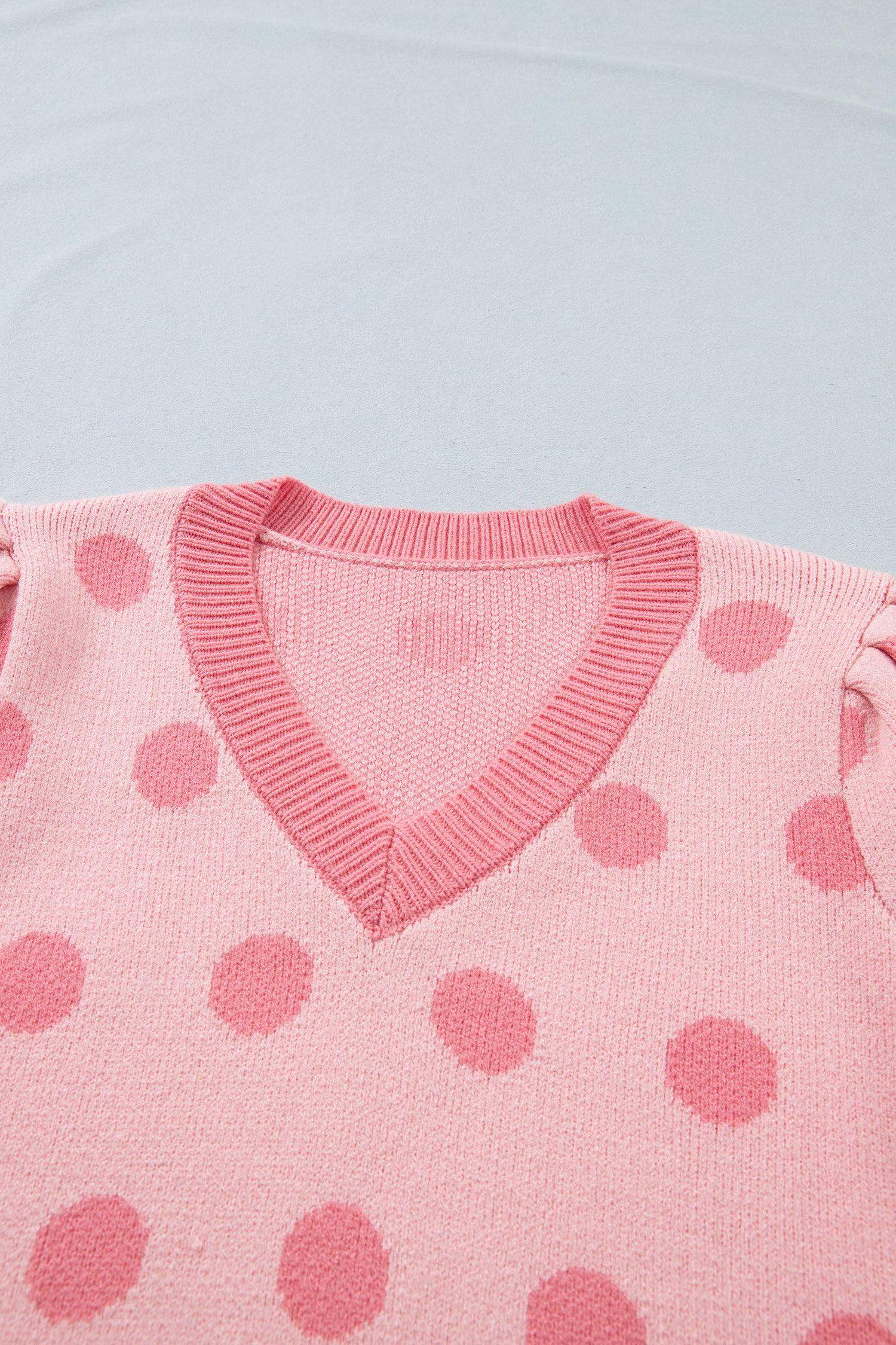 Pink Polka Dot Puff Short Sleeve Sweater Top