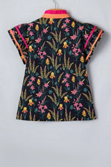 Black Floral Print Contrast Trim Tiered Ruffled Short Sleeve Blouse