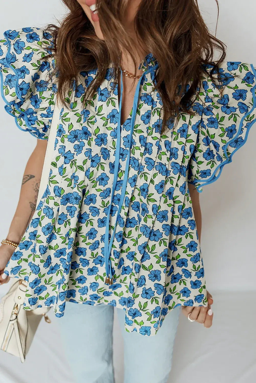 Sky Blue Tiered Flutter Sleeve Pleated Flower Blouse