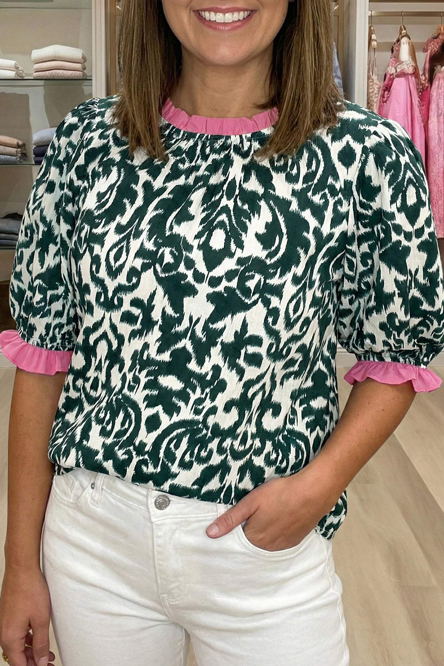 Green Damask Print Ruffled Color Block Detail Half Sleeve Blouse