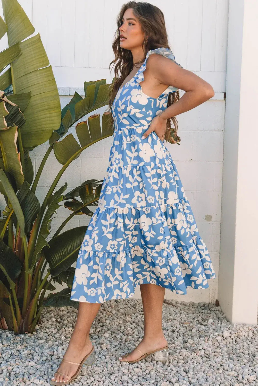 Sky Blue Floral U Neck Flutter Shoulder Tiered Flowy Midi Dress