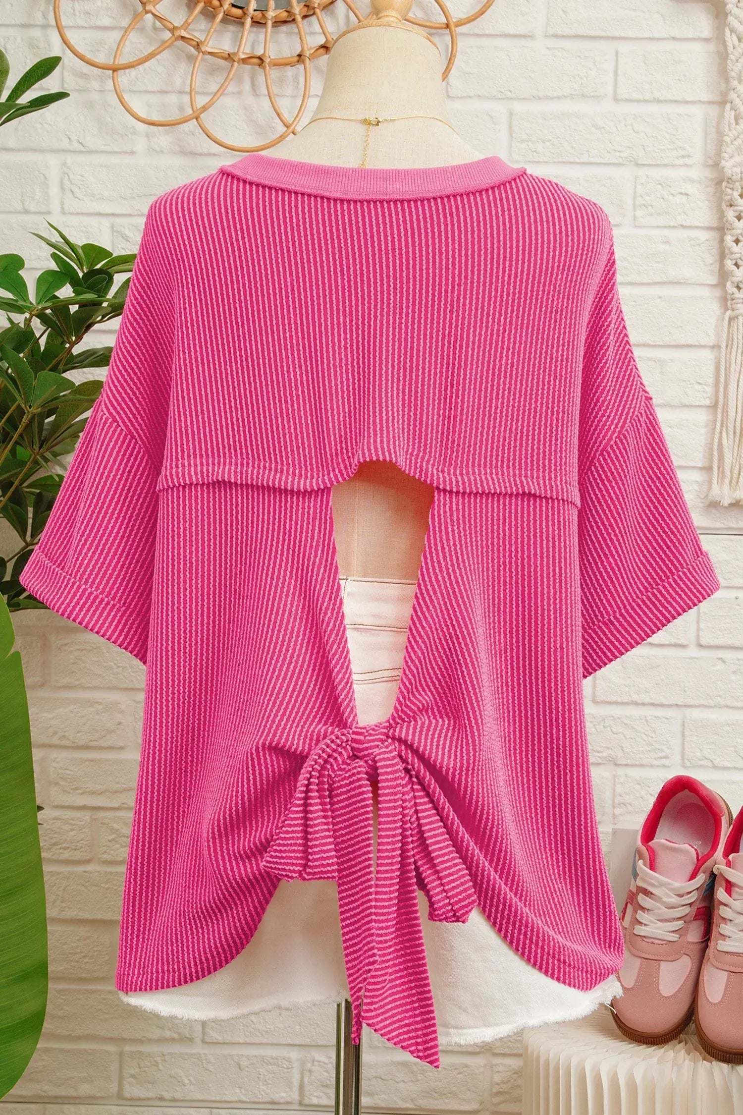 Rose Red Spiral Ribbed Cutout Bow Knot Back Oversize T Shirt
