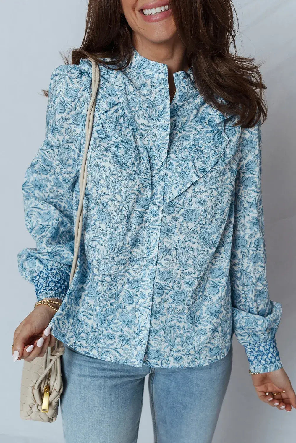 Sky Blue All Over Floral Puff Sleeve Shirt