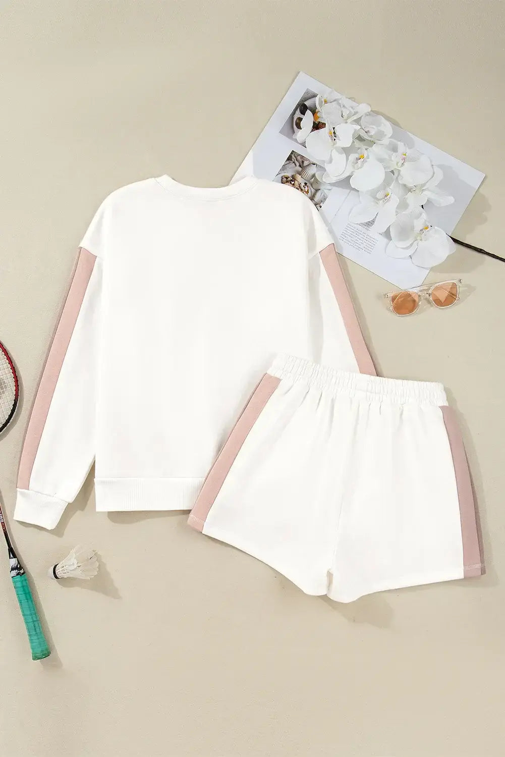 White Color Block Patchwork Drop Shoulder Pullover Casual Shorts 2pcs Outfit