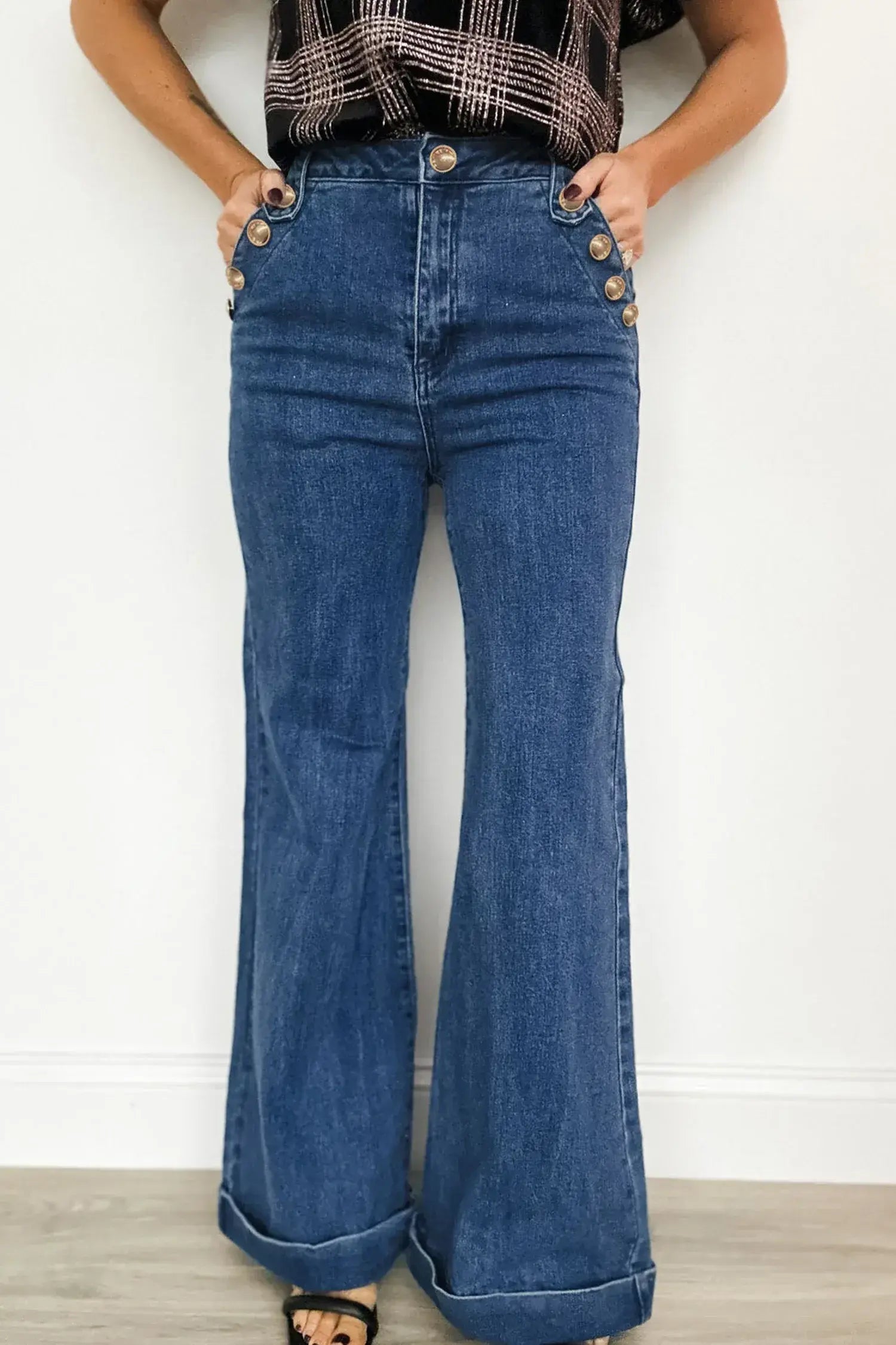Ashleigh Blue Golden Button Detail Rolled Edge Flare Leg Jeans
