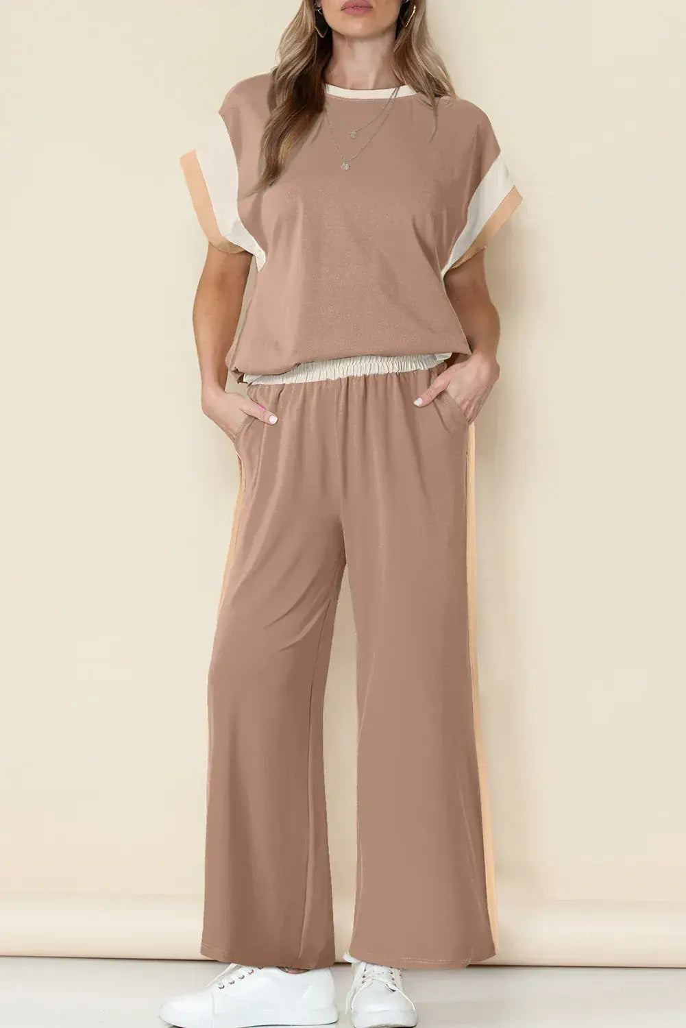 Dark Green Color Block Detail Casual Two-piece Set