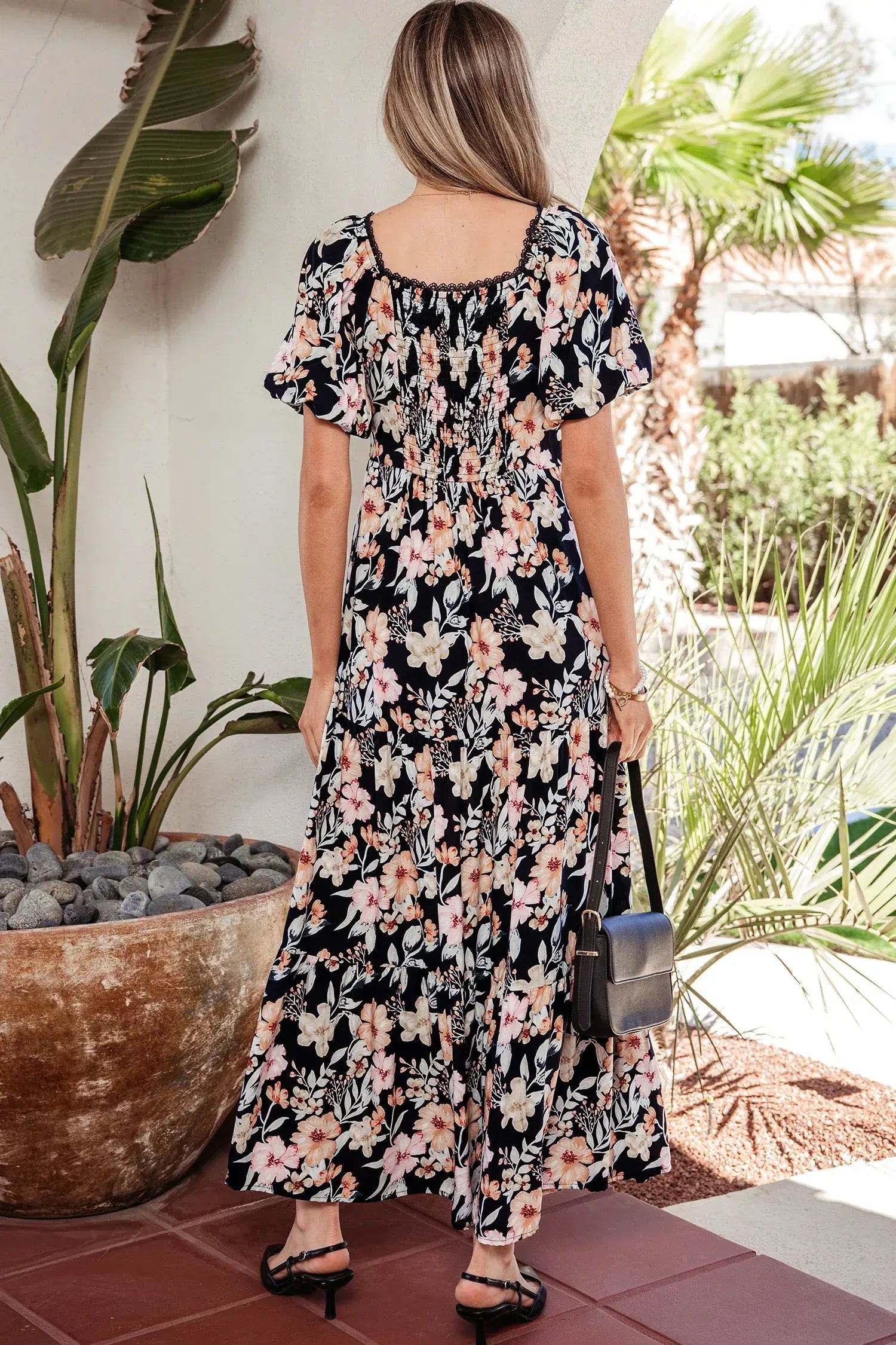 Blue Short Sleeve Smocked Detail High Waist Floral Maxi Dress