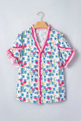 Rose Floral Print Ruffle V-Neck Short Sleeve Loose Tunic Shirt