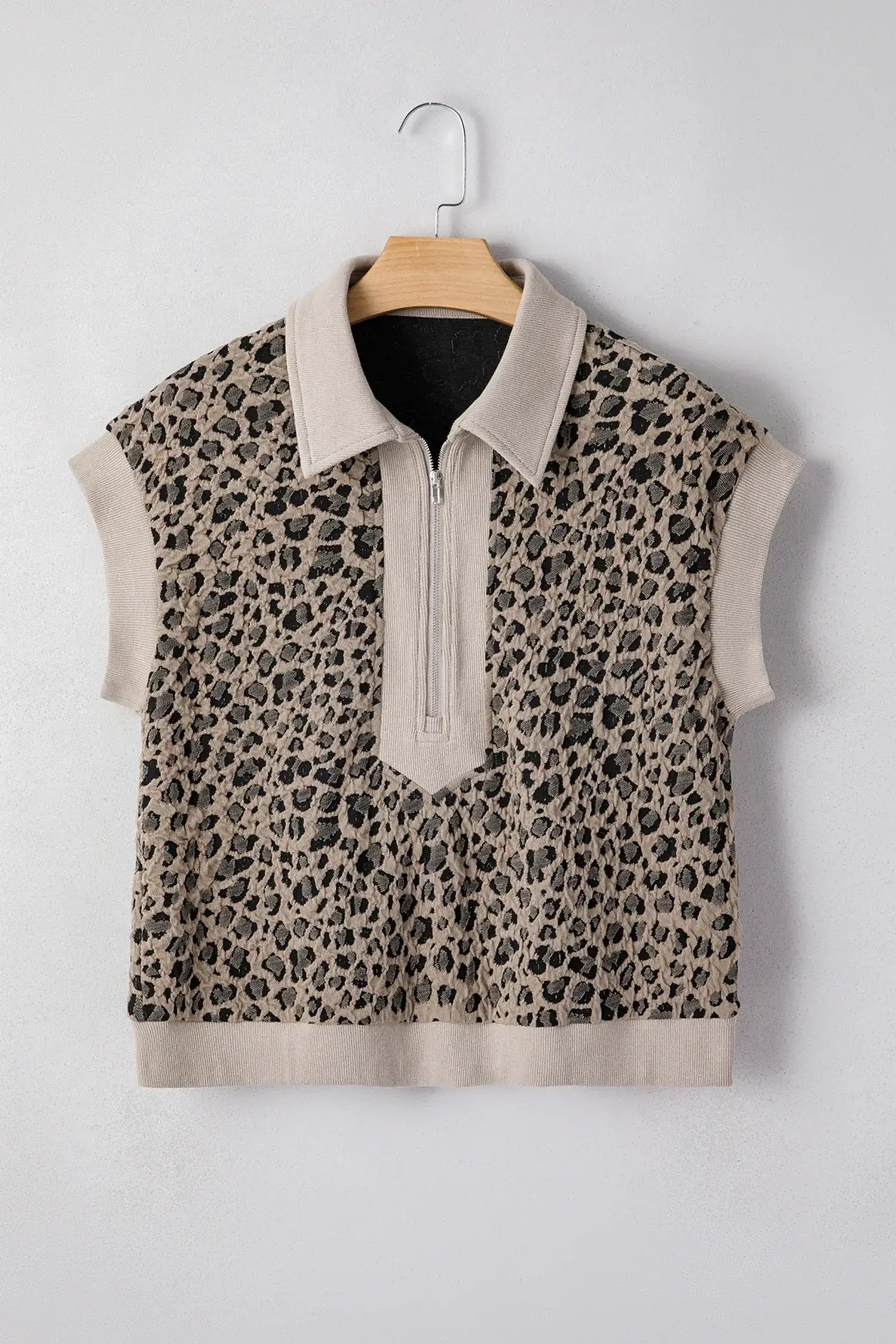 Beige Zip up Collared Leopard Cap Sleeve Top