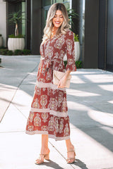 Brown Floral Print Belted Striped Trim Tiered Maxi Dress