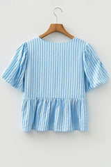 Sky Blue Stripe Bow Knot Textured Short Puff Sleeve Babydoll Blouse