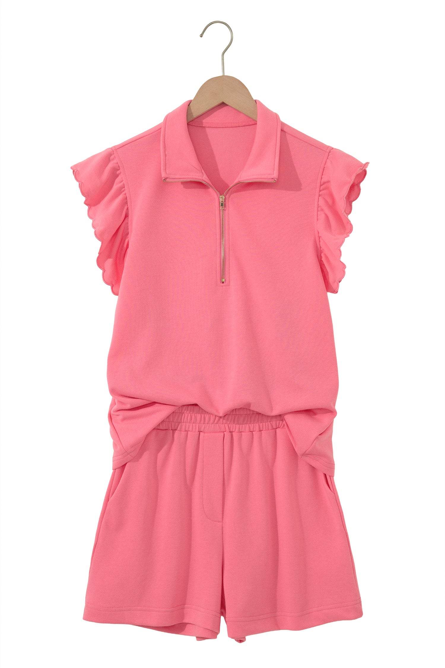 Sky Blue Half Zipped Ruffled Short Set