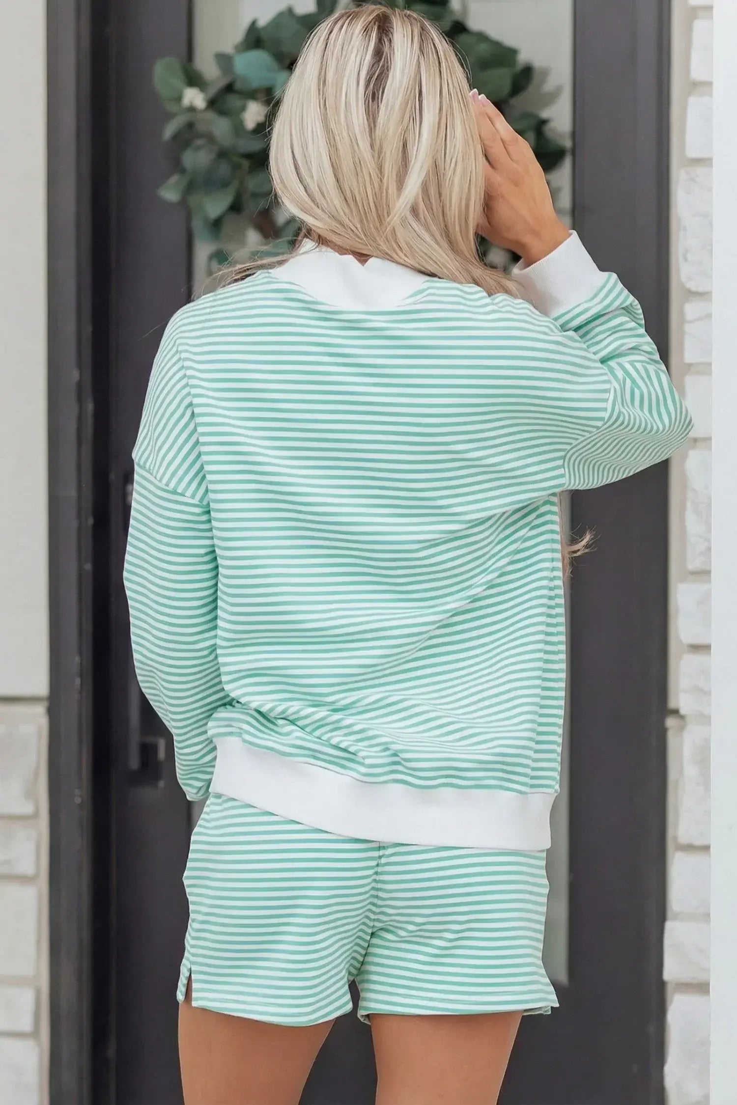 Sky Blue Stripe Oversize Mock Neck Sweatshirt and Shorts Set