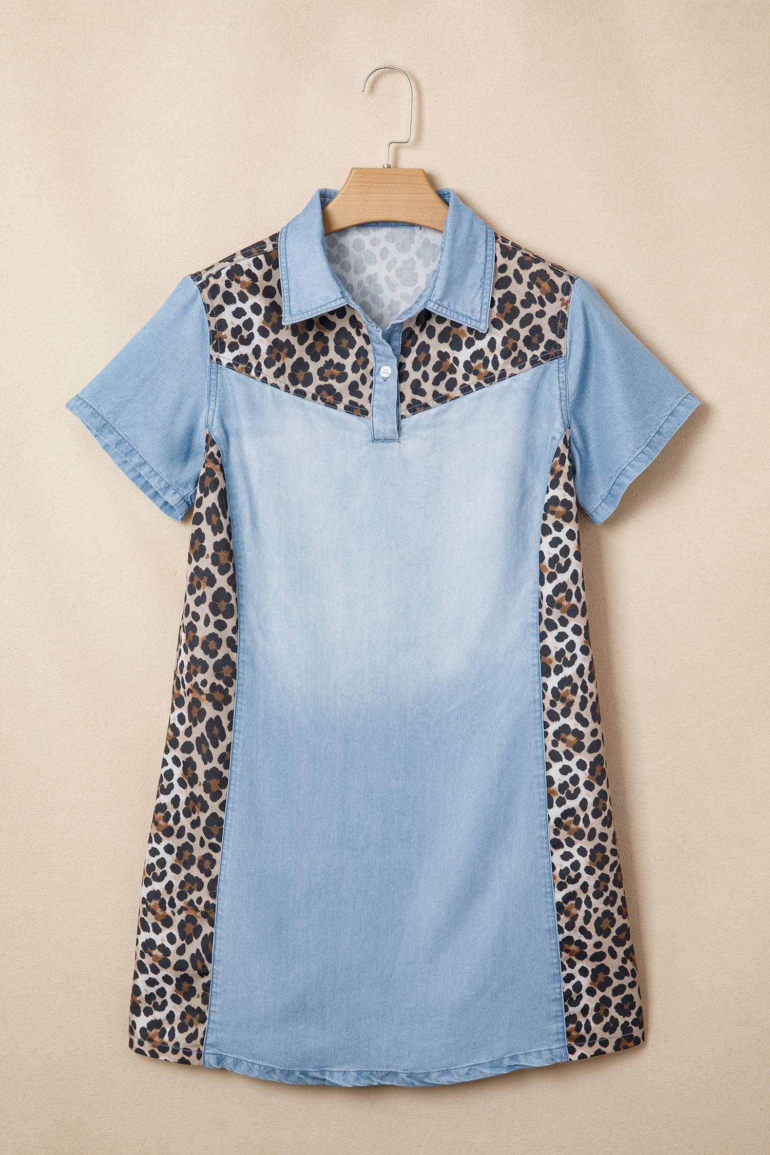 Myosotis Denim Color Block Leopard Patchwork Shirt Collar T Shirt Mini Dress