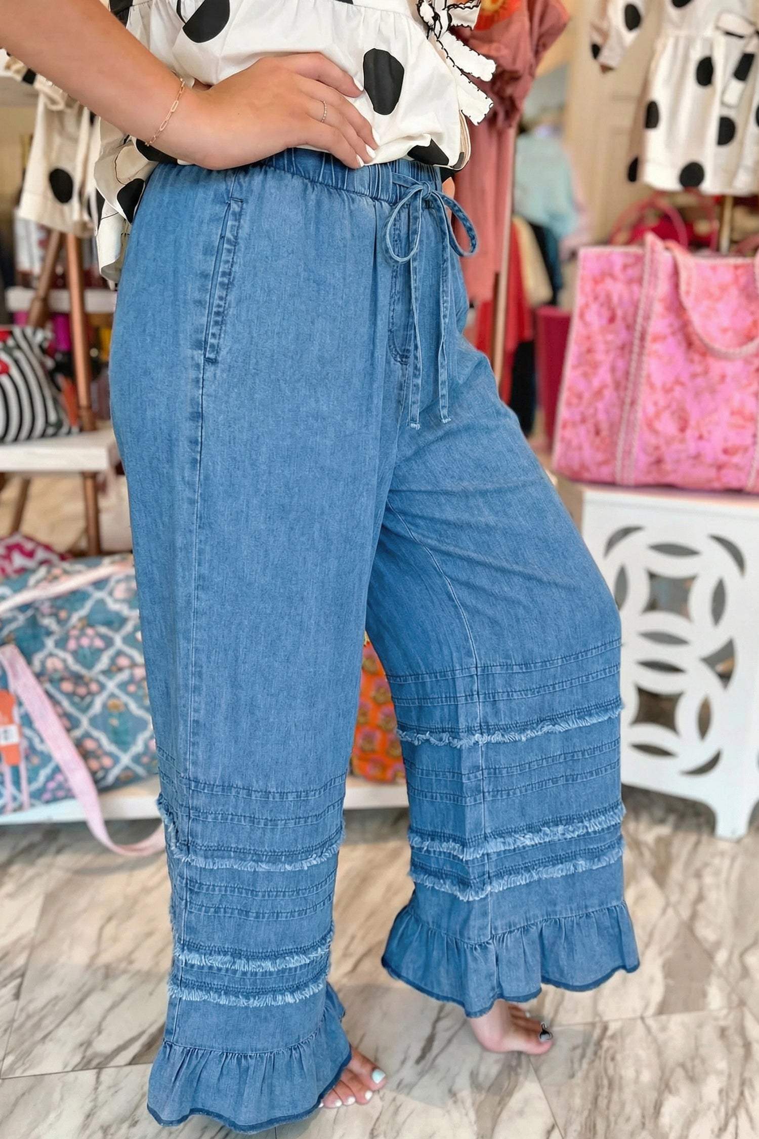 Dusk Blue Ruffled Hem Wide Leg Chambray Pants