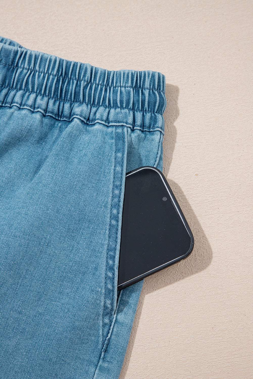 Beau Blue Contrast Drawstring Elastic Waistband Denim Shorts