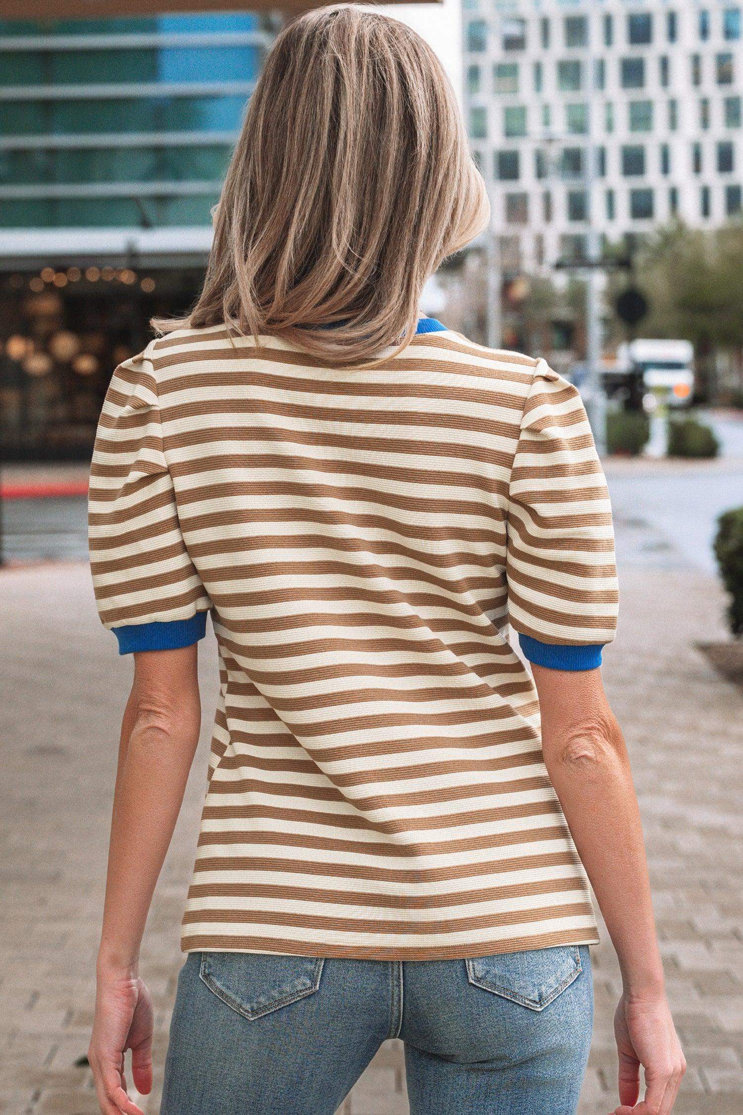 Rose Stripe Short Puff Sleeve Contrast Trim Round Neck Tee