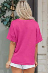 Strawberry Pink Waffle V Neck Short Sleeve Knit Top