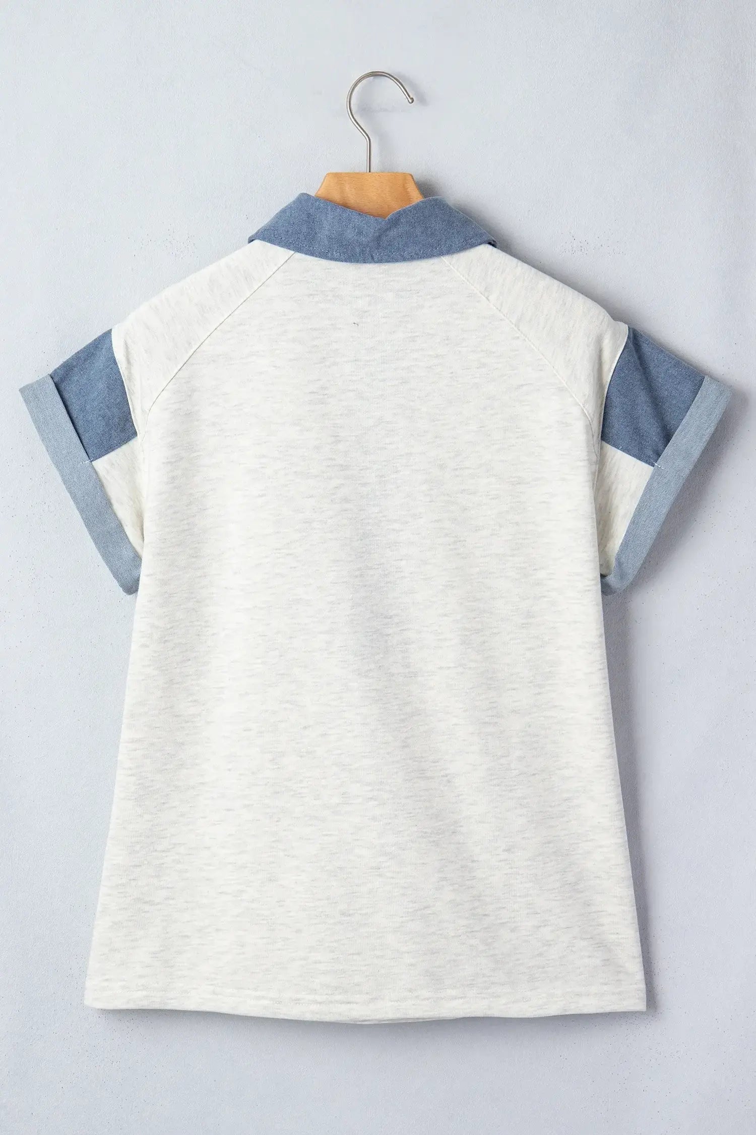 Light Grey Denim Color Block Patchwork Shirt Collar Short Sleeve Blouse