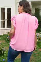 Bonbon Plus Size Textured Tassel Tie V Neck Ruffle Short Sleeve Blouse