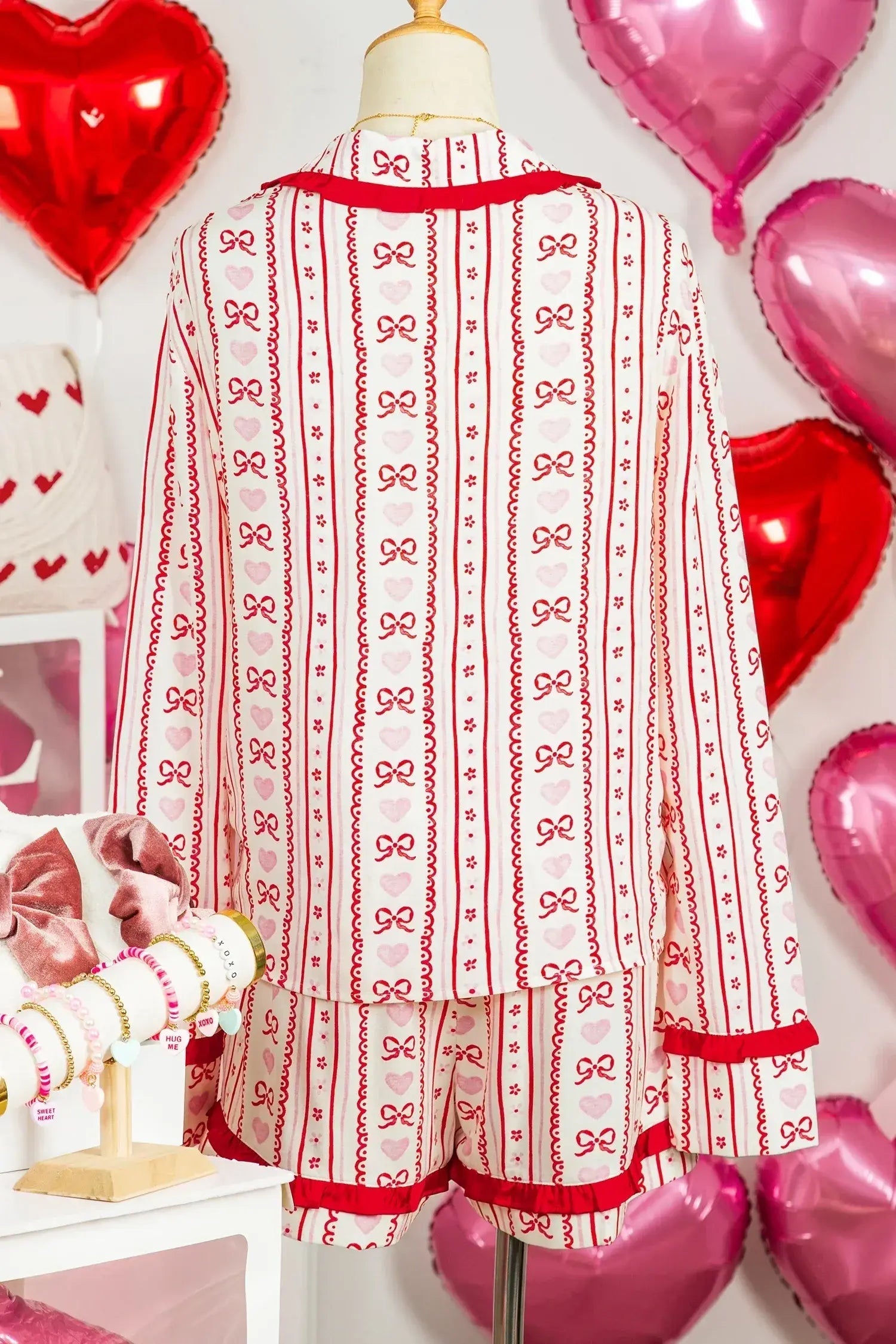 Red Sweet Floral Heart Bow Print Contrast Trim Long Sleeve Shirt Pajama Short Set