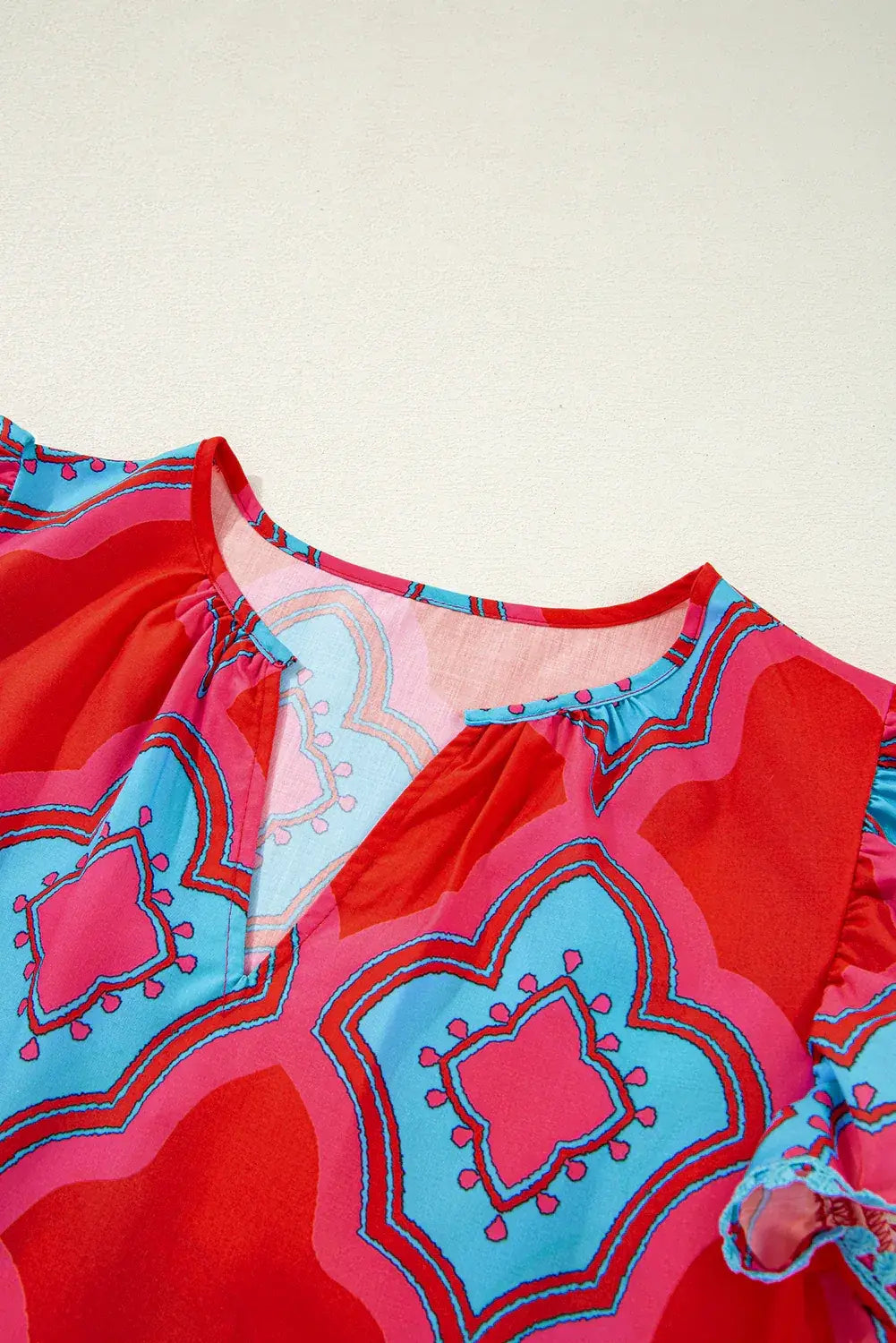Red Abstract Floral Print Trimmed Flutter Sleeve Blouse