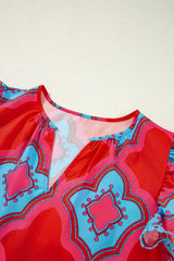 Red Abstract Floral Print Trimmed Flutter Sleeve Blouse